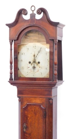 Jonathan Pebrdy of Leicester. A Georgian oak and mahogany long case clock, the break arch dial painted with a farming landscape, dial bearing Arabic numerals, subsidiary seconds dial, date aperture, later single train eight day movement, the hood with swa