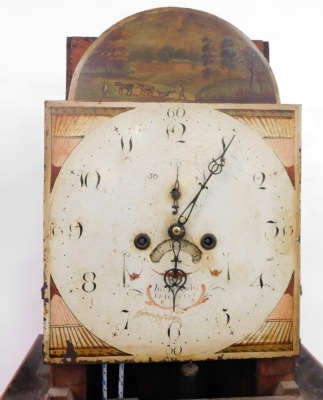 Jonathan Pebrdy of Leicester. A Georgian oak and mahogany long case clock, the break arch dial painted with a farming landscape, dial bearing Arabic numerals, subsidiary seconds dial, date aperture, later single train eight day movement, the hood with swa - 3