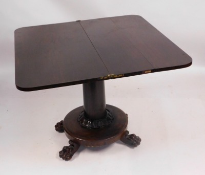 A William IV rosewood card table, with canted corners, on a moulded support, with column base, terminating in ball and claw feet, 74cm high, 91cm wide, 45cm deep. - 2