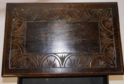 A Victorian Carolean style oak side table, with a carved sunburst border to top, over foliate carved frieze drawer, raised on baluster turned legs united by a box stretcher, 72cm high, 69cm wide, 44cm deep. - 3