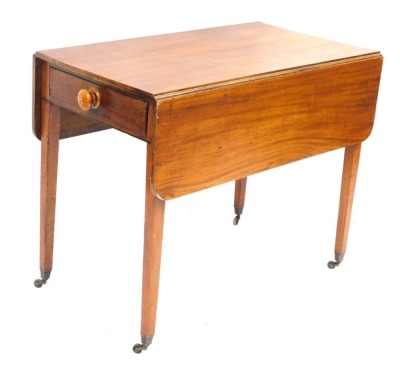 A Victorian mahogany Pembroke table, with single frieze drawer, raised on tapering square legs, brass capped on castors, 72cm high, 89.5cm wide, 52cm deep, 103cm extended.