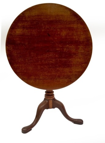 A Georgian mahogany supper table, with circular tilt top over a bird cage, on gun barrel turned pillar, and three out splayed legs with pad feet, 76cm diameter. (AF)