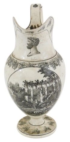 A 19thC Criel creamware jug, of baluster form, printed in black and white with a bust portrait of Vulcain, above a picture from Fontaine's Fables 'L'ours et Lamater des Jardins', within vine borders, impressed mark, 26.5cm high. (AF)