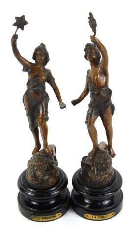 A pair of late 19thC French spelter figures, modelled as La Force and Le Pouvoir, raised on socle bases, 35cm high.