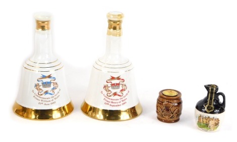 Two Bells Scotch Whisky presentation decanters, comprising Commemorative Bottle for the Birth of Prince Henry of Wales, 15th September 1984, and To Commemorative the Birth of Prince William of Wales, 21st June 1982, full and boxed, together with a miniatu