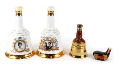 A group of Bells Scotch Whisky decanters, comprising a Celebration Scotch for The Marriage of Prince Andrew with Miss Sarah Ferguson, full and boxed, Her Majesty Queen Elizabeth II 21st April 1986 Commemorative bottle, full and boxed, a small celebration 