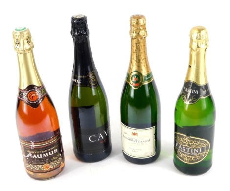 A bottle of Saumur rosé brut, bottle of Fastini Gold Spumante, bottle of Cava brut, and a bottle of Bernard-Massard selection brut. (4)