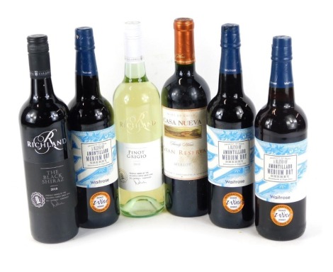 Three bottles of Waitrose Amontillado medium dry sherry, bottle of Richland Black Shiraz 2018, bottle of Casanueva Grande Reserve Merlot, and a bottle of Richland Pinot Grigio 2018. (6)