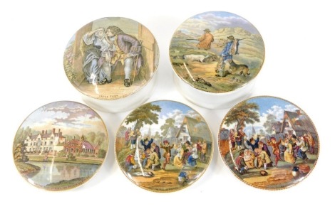 Five 19thC Prattware pot lids, comprising The Village Wedding, another, Uncle Toby, The Sports Man, Sandringham the seat of HRH The Prince of Wales. (AF)