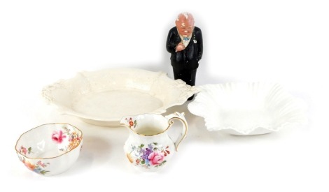 A Copeland Spode creamware dish, with moulded floral and scroll border, 29cm wide, undecorated shell shaped dish, a Royal Crown Derby Posies jug, bowl, plaster figure of Churchill.