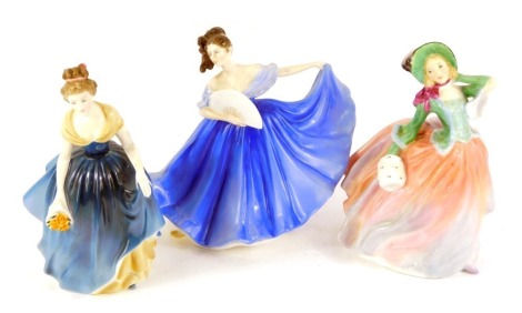 Three Royal Doulton figures, Melanie, HN2271, 19cm high, Elaine and Autumn Breezes colour variation, printed marks beneath. (3)