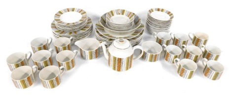 A Midwinter Sienna pattern part dinner service, to include bowl, 22cm diameter, plates, side plates, cups, saucers, gravy boat, teapot, dessert bowls, etc., printed marks beneath. (a quantity)