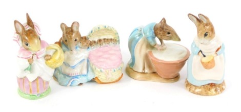 Three Beswick Beatrix potter figures, comprising Anna Maria, Hunca Munca, and Mrs Rabbit, gold back stamp, together with a Royal Albert figure modelled as Mrs Rabbit cooking. (4, AF)