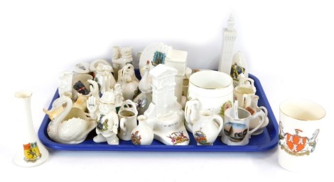 Goss and crested china, including a hairpins box, arms of Leytonstone, St Ann's well, arms of Buxton, laughing policeman, arms of Midhurst, and the Grimsby Hydraulic Tower, arms of Cleethorpes. (a quantity)