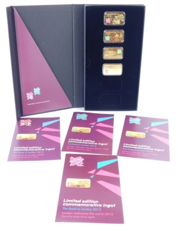 A London Mint Office part London Olympic Games coin set, with limited edition ingots for The Road to London 2012 series, comprising London Olympic Games 1908, London Welcomes the World 2012, London Olympic Games Return 1948, and Hand Over to London 2008, 