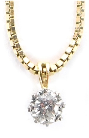 An diamond pendant and chain, the pendant set with central diamond in a raised basket white gold setting, unmarked believed to be 18ct, on a yellow metal box link chain, stamped 375, the chain 40cm long, the pendant 1cm high, 6.2g all in.