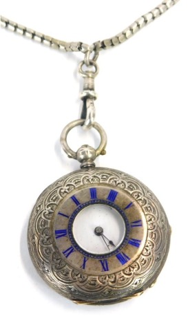 A Victorian Continental silver half Hunter fob watch, with a white enamel dial and a blue enamel Roman numeric outer case, by SS and Co, inscribed ECMW in Commemoration of the 20th June 1878, on a silver plated watch chain, 65.4g all in.