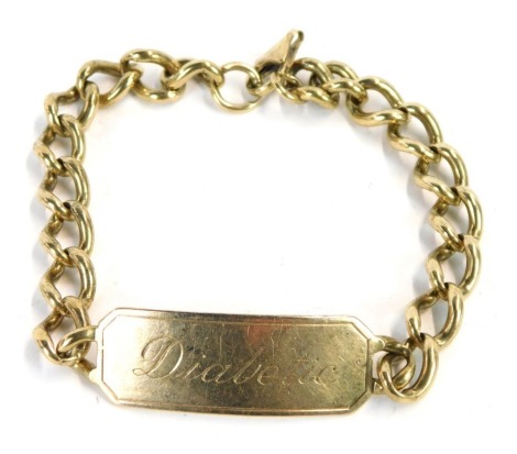 A 9ct gold identity bracelet, with central panel inscribed diabetic, on curb link with clip clasp, 20cm long, 26.8g.