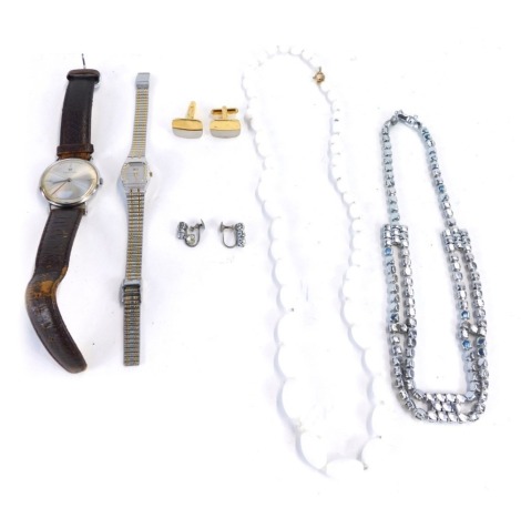 A Hamilton gentleman's wristwatch, Seiko lady's wristwatch, plated cufflinks and beaded necklaces.