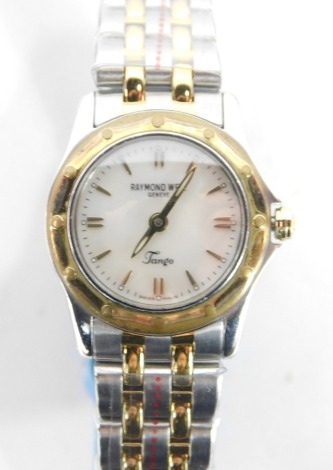 A Raymond Weil lady's Tango wristwatch, with a circular mother of pearl dial, surrounded by white and yellow metal coloured design, on a stainless steel strap, with additional strap and movement, model number 5790, serial number V306477.