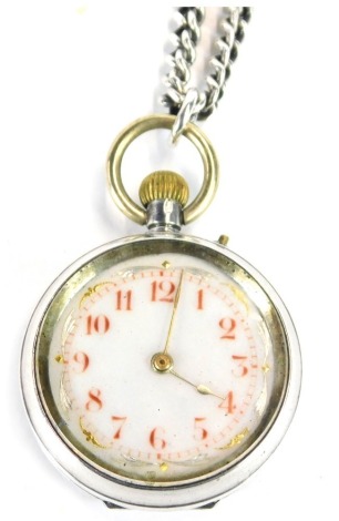 A silver fob watch, with a white ceramic dial with red numeric border with gold and silver coloured mounts, on bezel wind, Chester circa 1905 but hallmarks rubbed, on a white metal curb link chain, stamped 900, 58.6g all in.