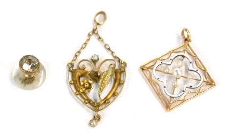 Two pendants, comprising a diamond shaped pendant with central enamel and seed pearl design, possibly Victorian/Edwardian, yellow metal unmarked, a further 9ct gold heart shaped pendant with flower design, 2.4g all in, and a paste stone set collar stud. (