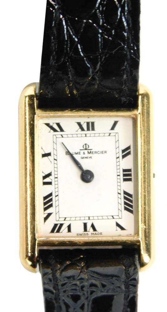 A Baume and Mercier 18ct gold cased wristwatch, the rectangular watch