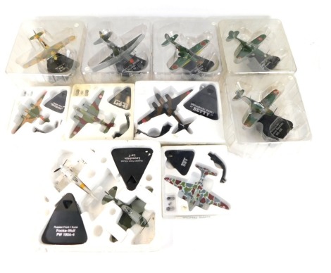 A group of diecast aeroplane models, comprising The Russian Front Focke-Wulf FW109A-4, The Lavochkin LA-7, Fiat G55, Iiyushin II-10, Nakajima KI-84, and others, partially boxed. (1 box)