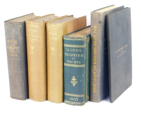 Boating and yacht related books, to include Lloyd's Register of Yachts, West Coast of England Pilot, Liverpool Bay 1949, Manual of Seamanship vol 2 1909, Cruising and Ocean Racing, and Motor Cruising. (6)