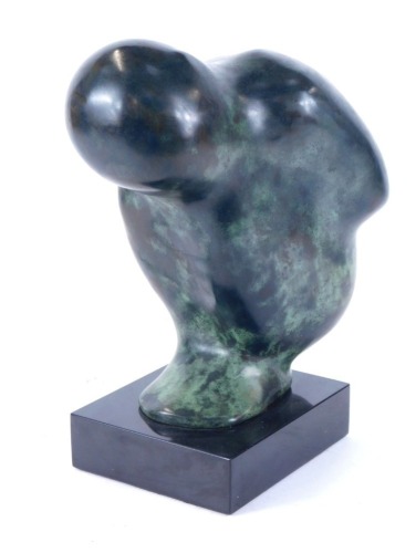 Caroline Stacey (1931-2022). Crouching Child, green patinated cast bronze figural sculpture, on composite balck base, 31cm high. Provenance: Bought from the Alwin Gallery in 1983 from the Communication exhibition that ran from March 27th to April 18th. So