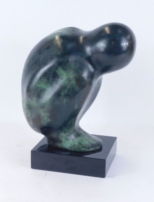 Caroline Stacey (1931-2022). Crouching Child, green patinated cast bronze figural sculpture, on composite balck base, 31cm high. Provenance: Bought from the Alwin Gallery in 1983 from the Communication exhibition that ran from March 27th to April 18th. So - 2