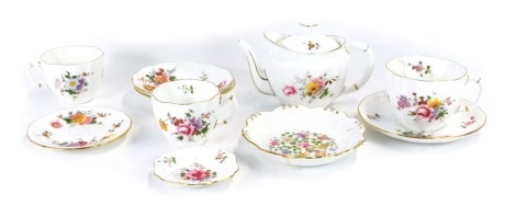 A group of Royal Crown Derby Derby Posies teaware, comprising breakfast cup and saucer, two cups, two saucers, trinket tray, teapot, side plate and cabinet plate. (AF) (a quantity)