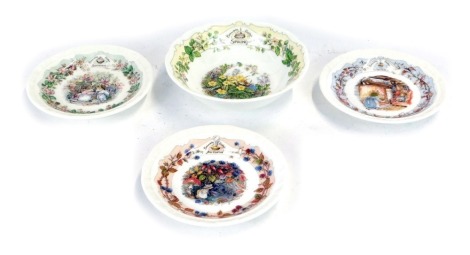 Four Royal Doulton Brambley Hedge dishes, comprising the four seasons pin dishes, Autumn, Summer and Winter and a Spring bowl. (4)