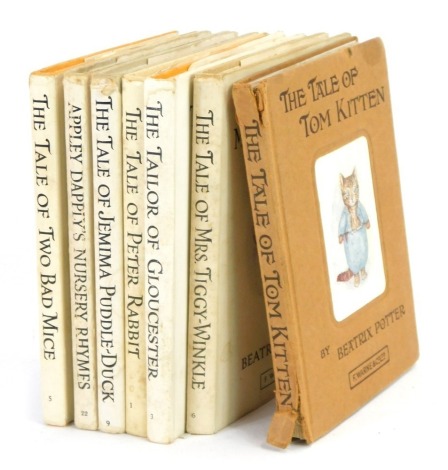 Beatrix Potter books, comprising a collection of Tales, Two Bad Mice, Gemima Puddleduck, Peter Rabbit, Tailor of Gloucester, Mrs Tiggy Winkle, Tom Kitten, and Appley Dappley's nursery rhymes, six with dust covers. (7)