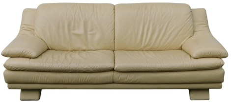 A cream leather three seater sofa, 83cm high, 210cm wide, 83cm deep.