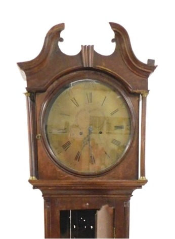 R Seaton. A Georgian oak longcase clock, circular brass dial with engraved floral and rococo scroll decoration, chapter ring bearing Roman and Arabic numerals, two train eight day movement with bell strike, the hood with swan neck pediment, raised on bras