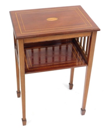 An Edwardian galleried side table, the parquetry inlaid top inscribed Sandringham, with a lower tier shelf, on dart moulded legs, 70cm high, 46cm wide, 33cm deep.