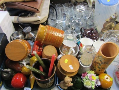 Various household china and effects, pottery storage jars, glassware, moulded and other drinking glasses, other household china and effects, etc. (3 trays)