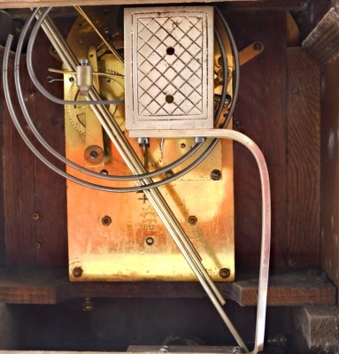 A late 19thC chiming bracket clock, with arched plate back, 13cm Arabic dial, fast slow chime silent features, in domed case, flanked by cylindrical columns on brass feet, Westminster chime, on four gongs, hour striking, 43cm high. - 3