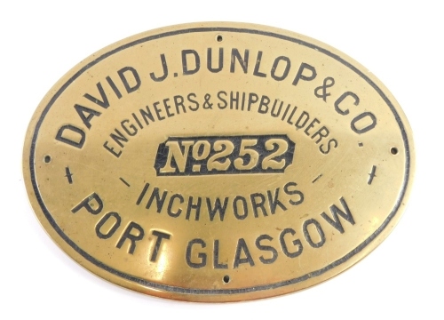 A David J Dunlop Port Glasgow Inch Works Engineers and Ship Builders brass name plaque, numbered 252, 40cm wide.