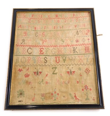 A Victorian alphabetic and numeric sampler by Mary Ann Aidsaill, 1846, 41cm x 33cm.