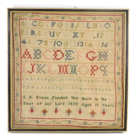 A George IV alphabetic sampler by R Evans, aged 15 years, finished 1830, 30cm x 29cm.