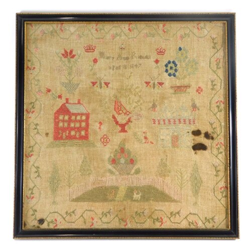 A Victorian pictorial sampler by Mary Ann Ridell, dated 1847, 40cm x 39cm.