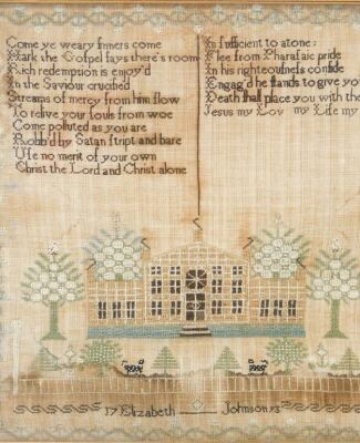 A George III pictorial and motto sampler by Elizabeth Johnson, Come Ye Weary Finners Come, decorated with house, dogs and trees, 1793, 41cm x 41cm.