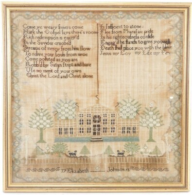 A George III pictorial and motto sampler by Elizabeth Johnson, Come Ye Weary Finners Come, decorated with house, dogs and trees, 1793, 41cm x 41cm. - 2