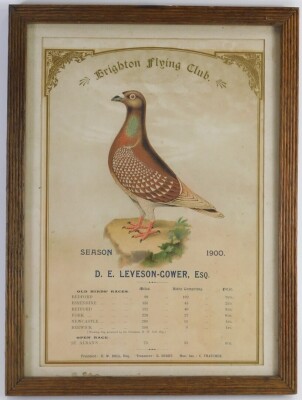 Brighton Pigeon Flying Club interest, an Edwardian print, for season 1900, marked D E Leveson-Gower esq. - 2