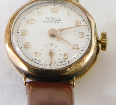 A 9ct gold cased Rone cocktail wristwatch, with 2cm diameter Arabic dial, with leather bracelet, a further Rotary Maximus watch, Avia and Smiths gentlemans wristwatch. (a quantity) - 5