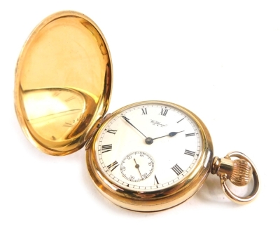 A 20thC Waltham gold plated pocket watch, with 5cm diameter Roman numeric dial, with subsidiary Arabic second hand, in a plain case with compressed ring top, 7cm high.