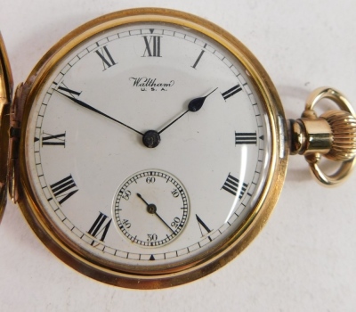 A 20thC Waltham gold plated pocket watch, with 5cm diameter Roman numeric dial, with subsidiary Arabic second hand, in a plain case with compressed ring top, 7cm high. - 2