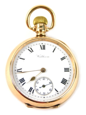 A 9ct gold cased fob watch, with a white enamel Roman numeric dial, with gold hands and seconds border, with bezel wind, 3cm diameter, 31.6g all in.